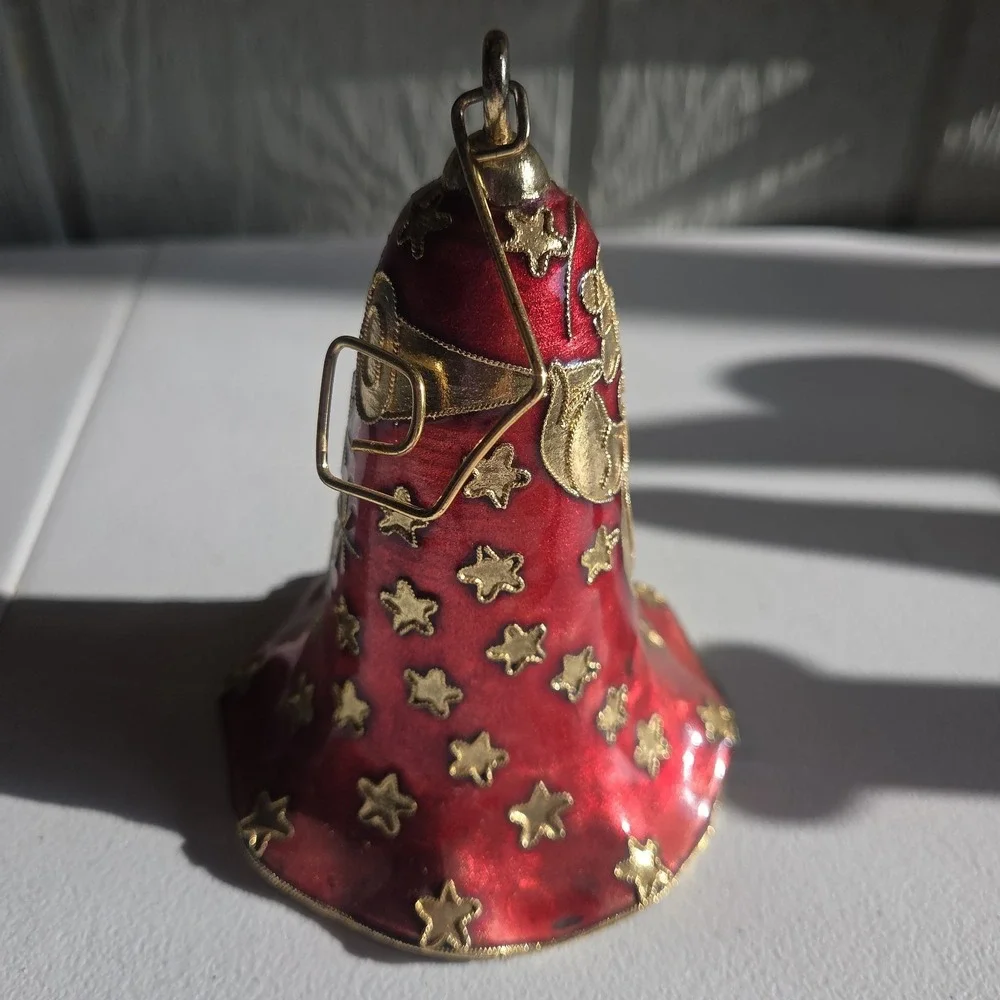 Elegant Red Gold Star Cloisonne Bell Christmas Ornament Handcrafted Vintage